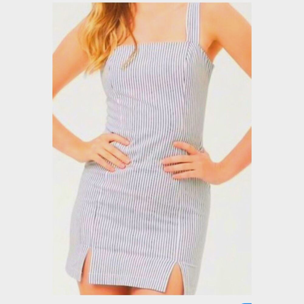 Forever 21 Navy-White Pinstripe Classic Square Neck Versatile Fairy Mini Dress M